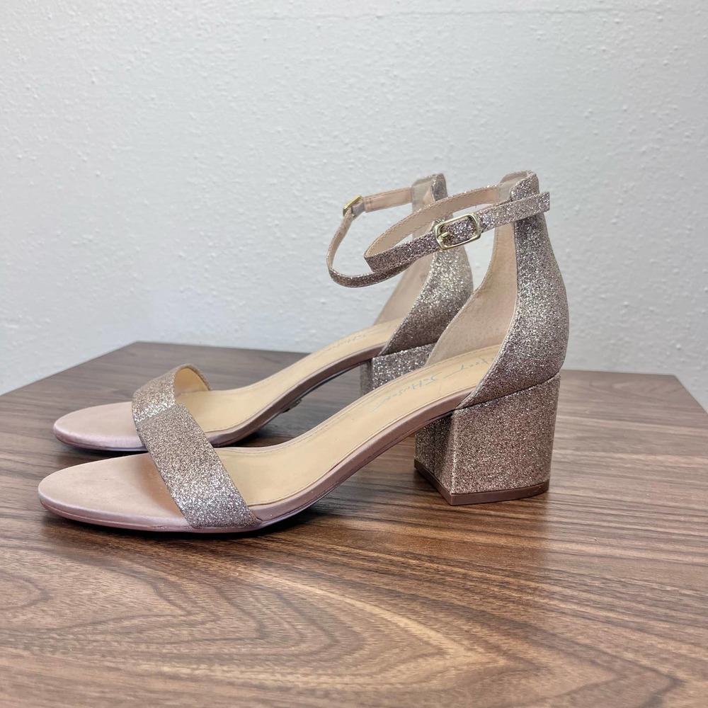 Betsey Johnson Gold Sparkle Block Heel Open Toe Shoes Size 7.5 NWOB